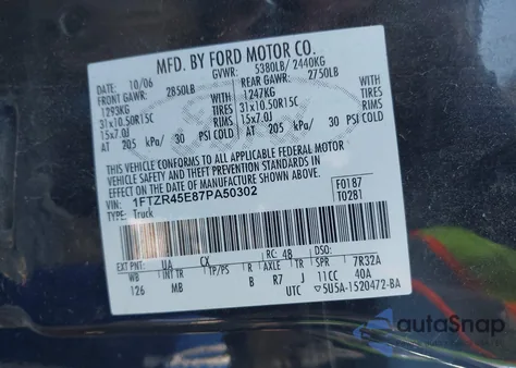 2007 Ford Ranger Fx4 Level Ii/Fx4 Off-Road/Sport/Xlt z USA, uszkodzony, nr VIN 1FTZR45E87PA50302